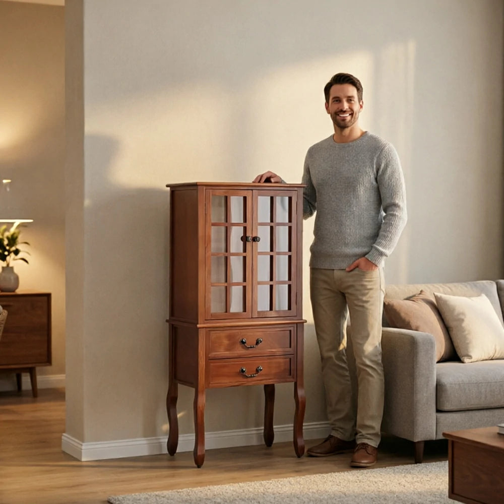 LIVARA Multi-Functional Wine Cabinet with Glass Double Doors and Two Drawers for Living Room Dining Entryway - Brown