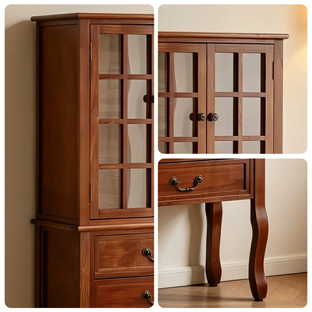 LIVARA Multi-Functional Wine Cabinet with Glass Double Doors and Two Drawers for Living Room Dining Entryway - Brown