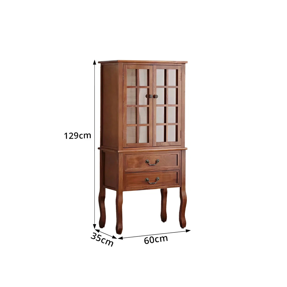 LIVARA Multi-Functional Wine Cabinet with Glass Double Doors and Two Drawers for Living Room Dining Entryway - Brown