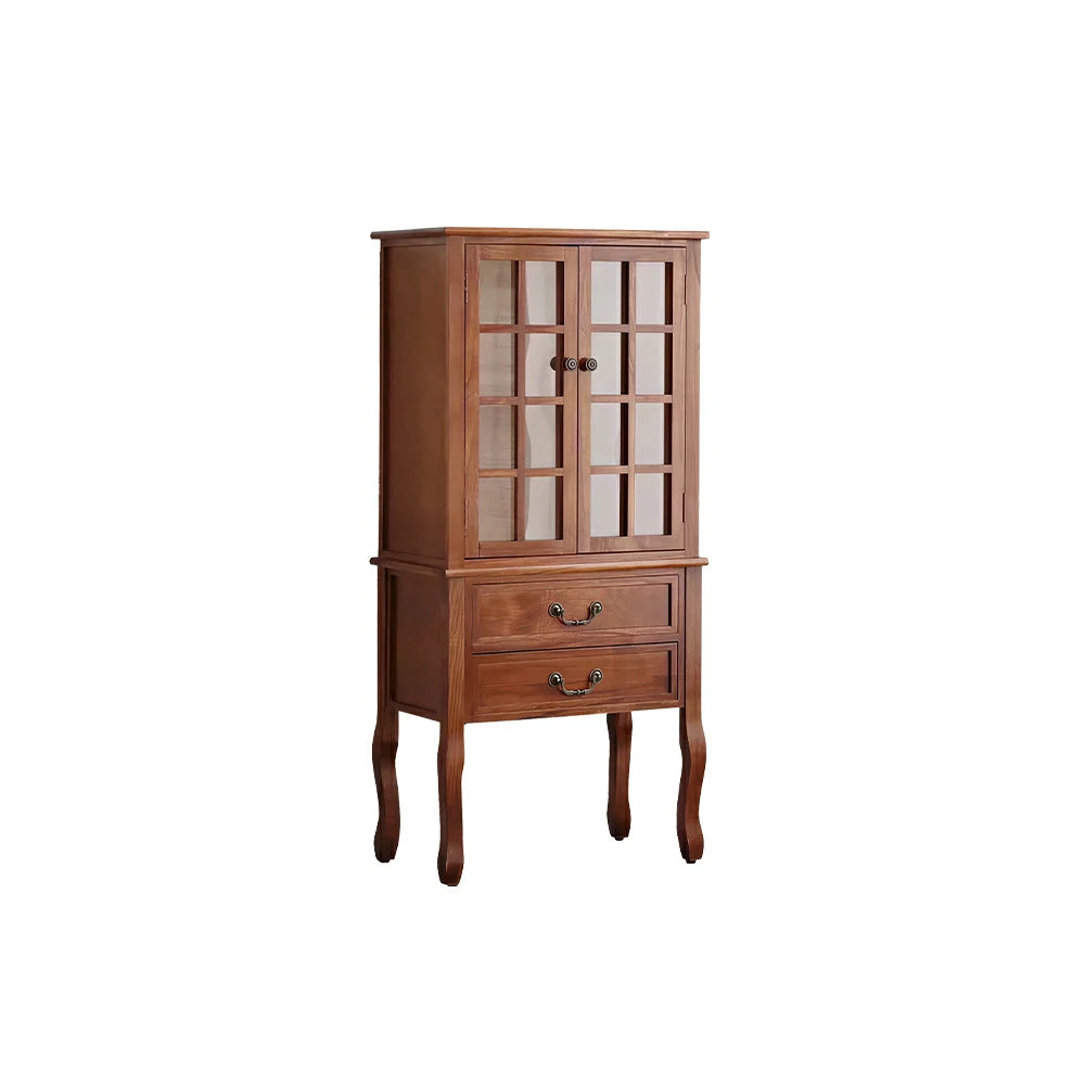 LIVARA Multi-Functional Wine Cabinet with Glass Double Doors and Two Drawers for Living Room Dining Entryway - Brown