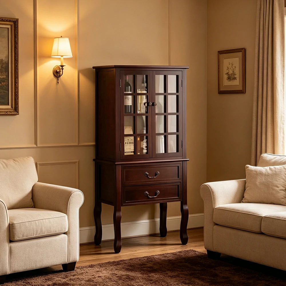 LIVARA Multi-Functional Wine Cabinet with Glass Double Doors and Two Drawers for Living Room Dining Entryway - Walnut