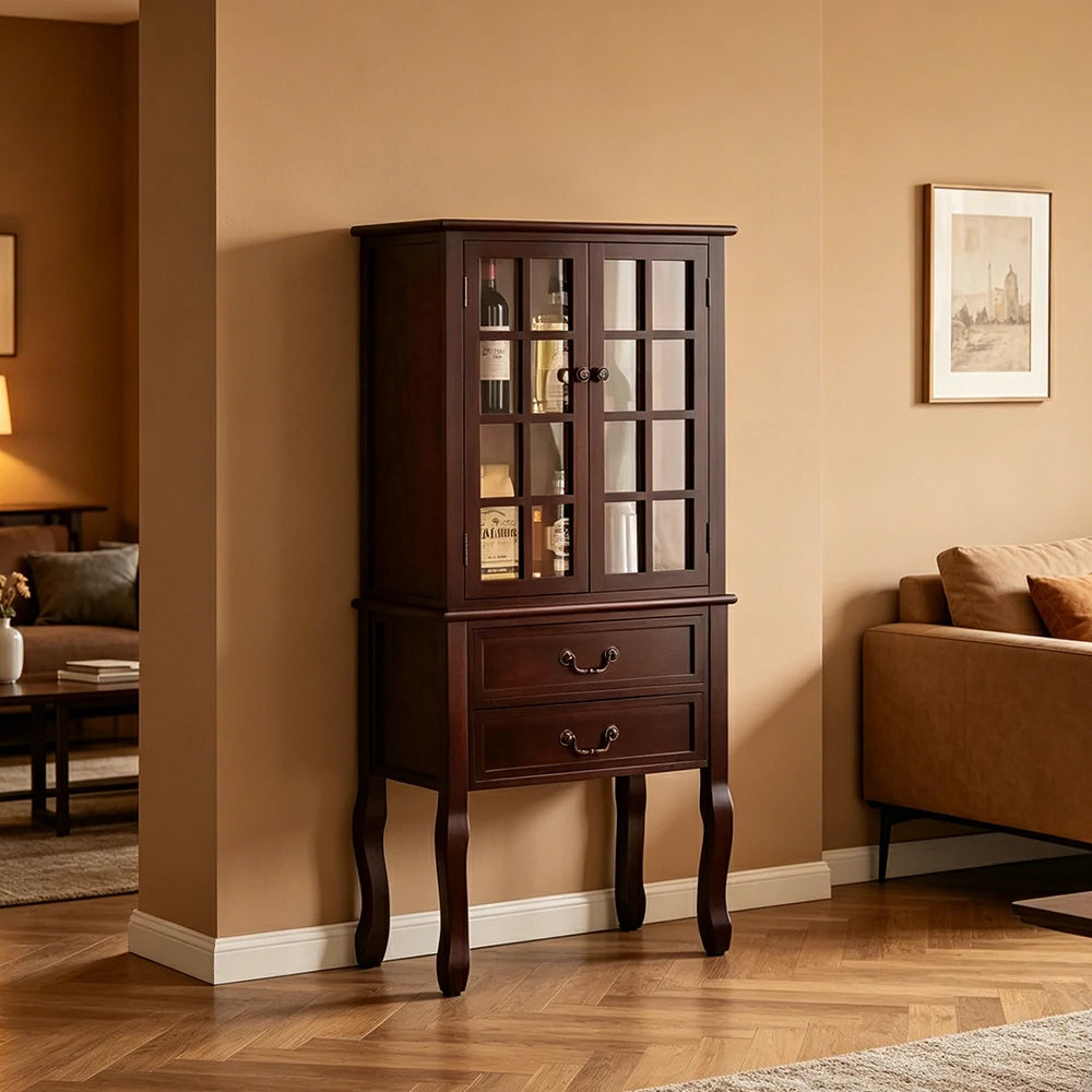 LIVARA Multi-Functional Wine Cabinet with Glass Double Doors and Two Drawers for Living Room Dining Entryway - Walnut