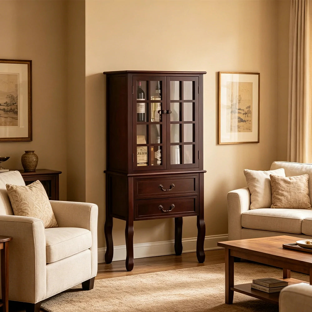 LIVARA Multi-Functional Wine Cabinet with Glass Double Doors and Two Drawers for Living Room Dining Entryway - Walnut