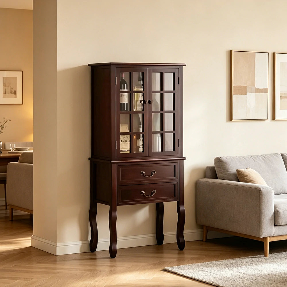 LIVARA Multi-Functional Wine Cabinet with Glass Double Doors and Two Drawers for Living Room Dining Entryway - Walnut