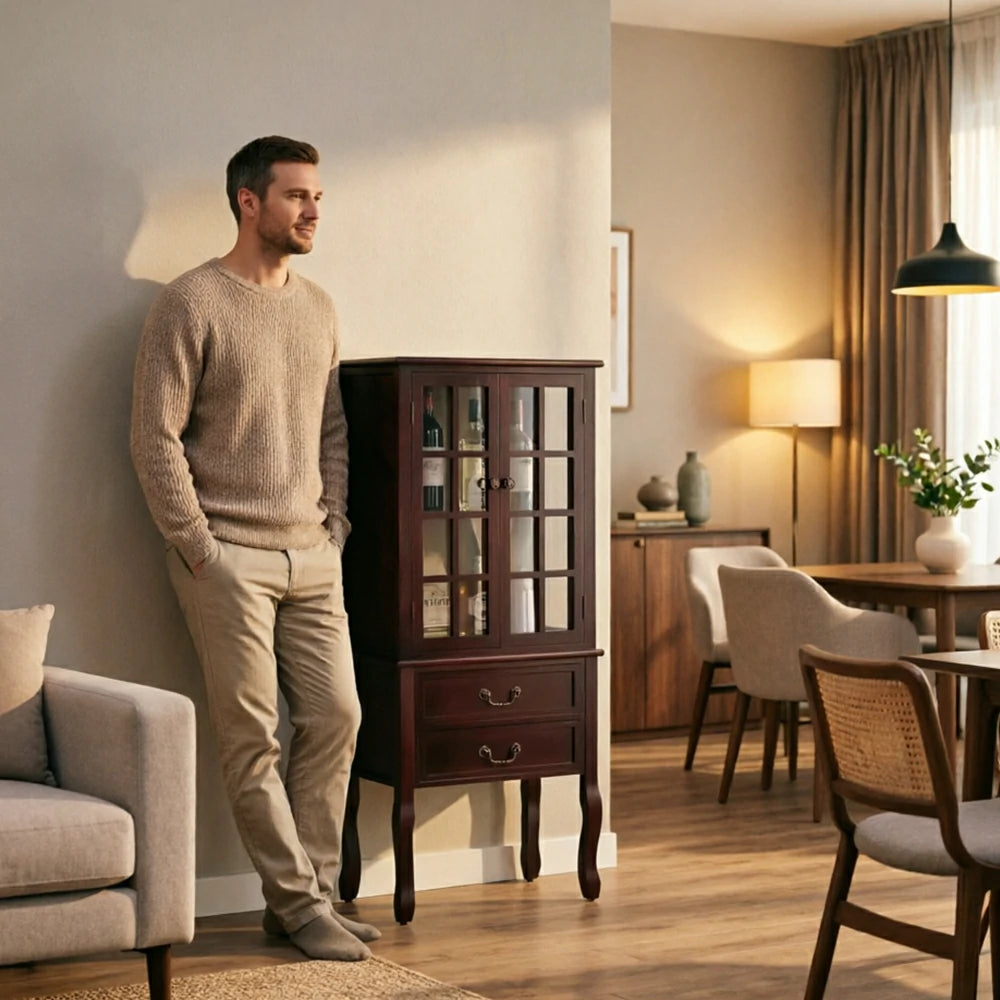 LIVARA Multi-Functional Wine Cabinet with Glass Double Doors and Two Drawers for Living Room Dining Entryway - Walnut