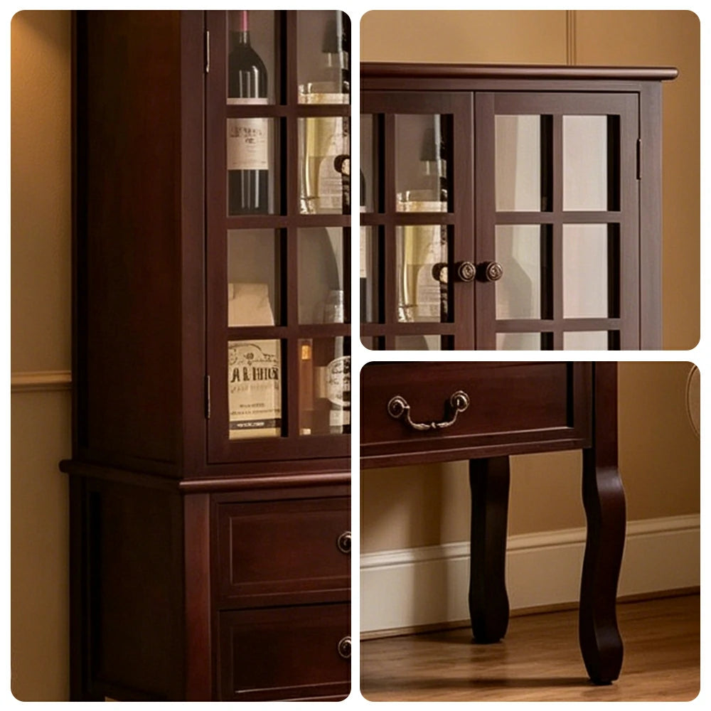 LIVARA Multi-Functional Wine Cabinet with Glass Double Doors and Two Drawers for Living Room Dining Entryway - Walnut