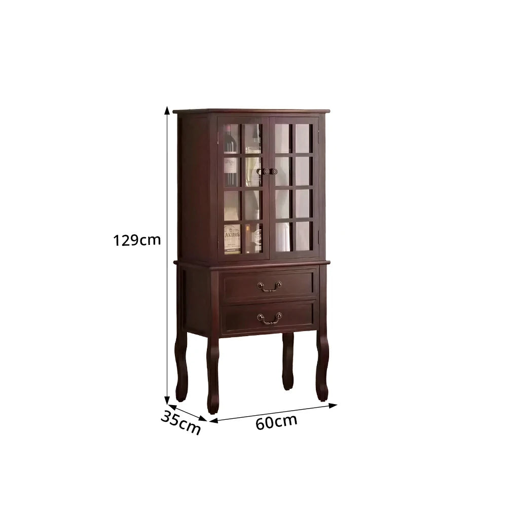 LIVARA Multi-Functional Wine Cabinet with Glass Double Doors and Two Drawers for Living Room Dining Entryway - Walnut