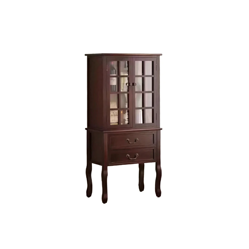 LIVARA Multi-Functional Wine Cabinet with Glass Double Doors and Two Drawers for Living Room Dining Entryway - Walnut