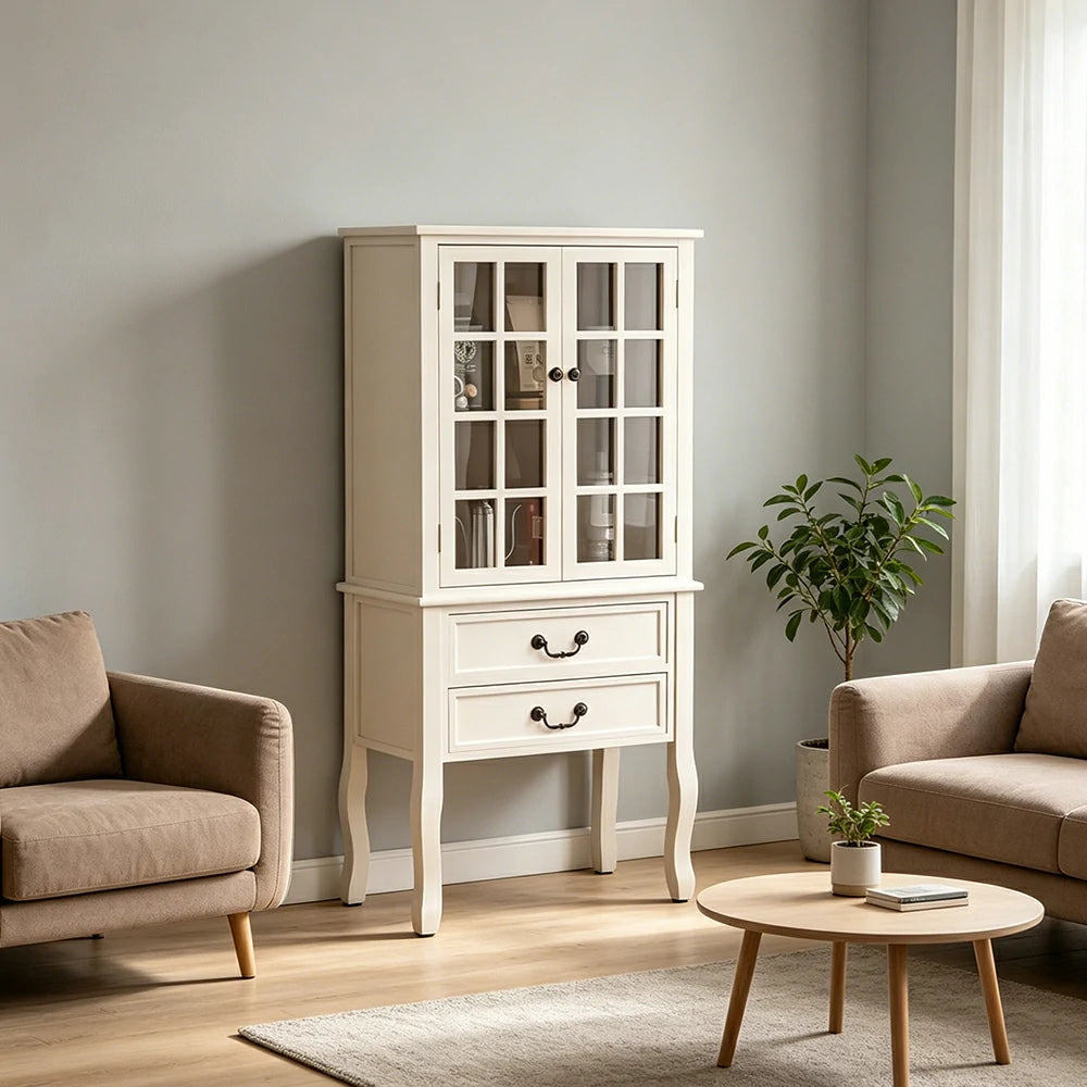 LIVARA Multi-Functional Wine Cabinet with Glass Double Doors and Two Drawers for Living Room Dining Entryway - White