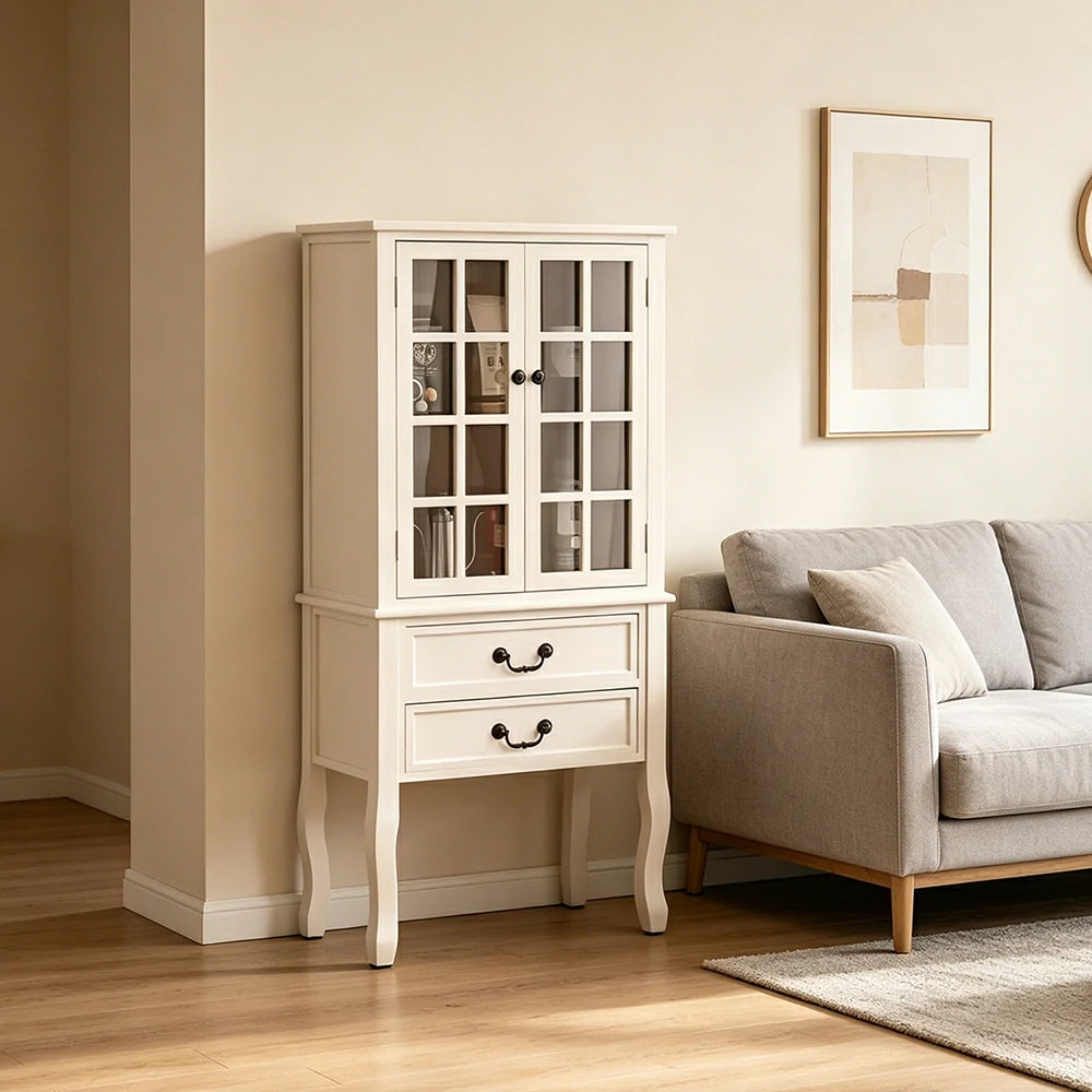 LIVARA Multi-Functional Wine Cabinet with Glass Double Doors and Two Drawers for Living Room Dining Entryway - White