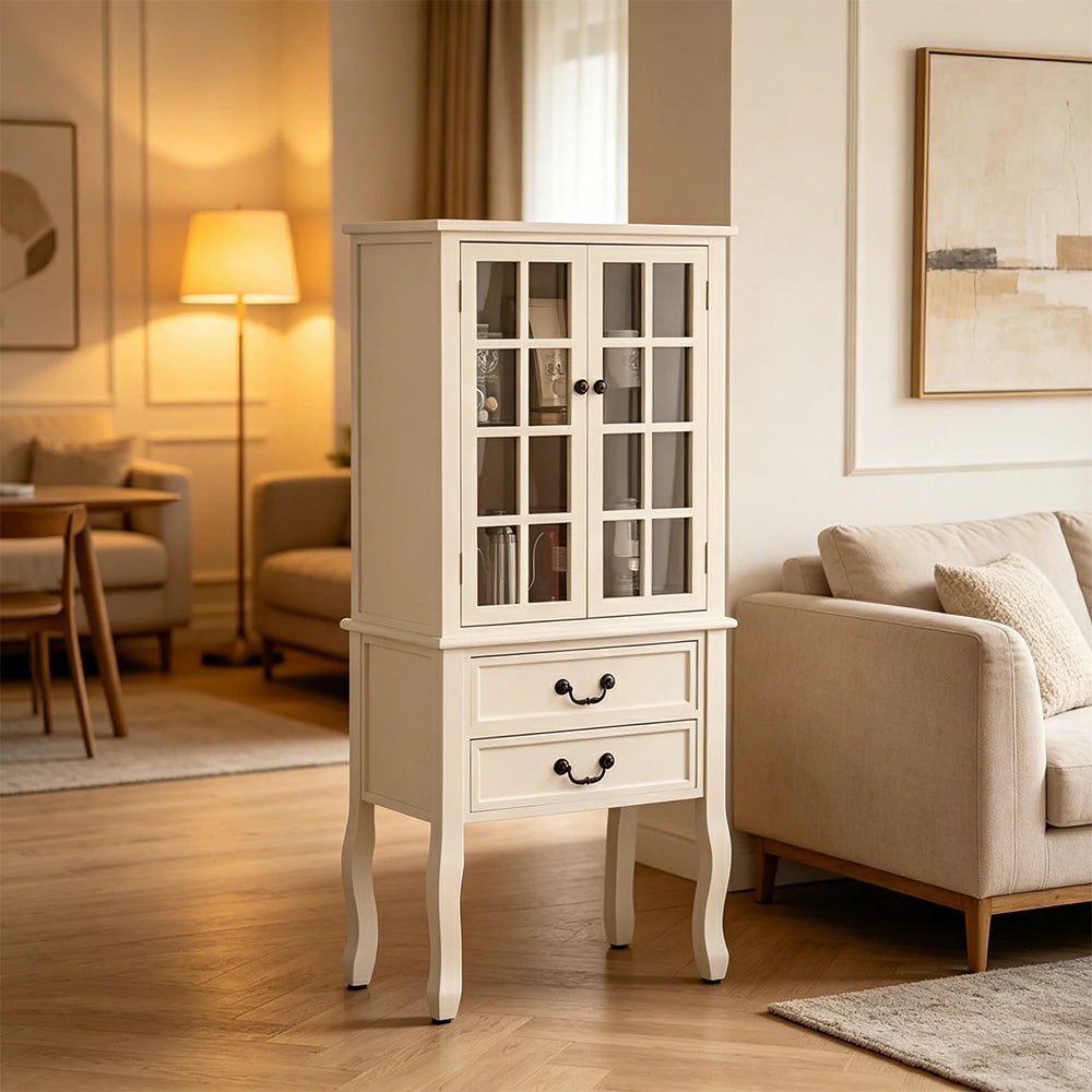 LIVARA Multi-Functional Wine Cabinet with Glass Double Doors and Two Drawers for Living Room Dining Entryway - White