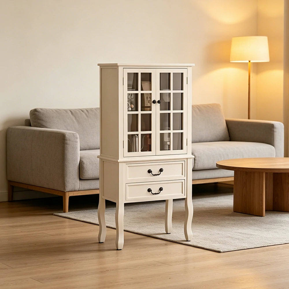 LIVARA Multi-Functional Wine Cabinet with Glass Double Doors and Two Drawers for Living Room Dining Entryway - White