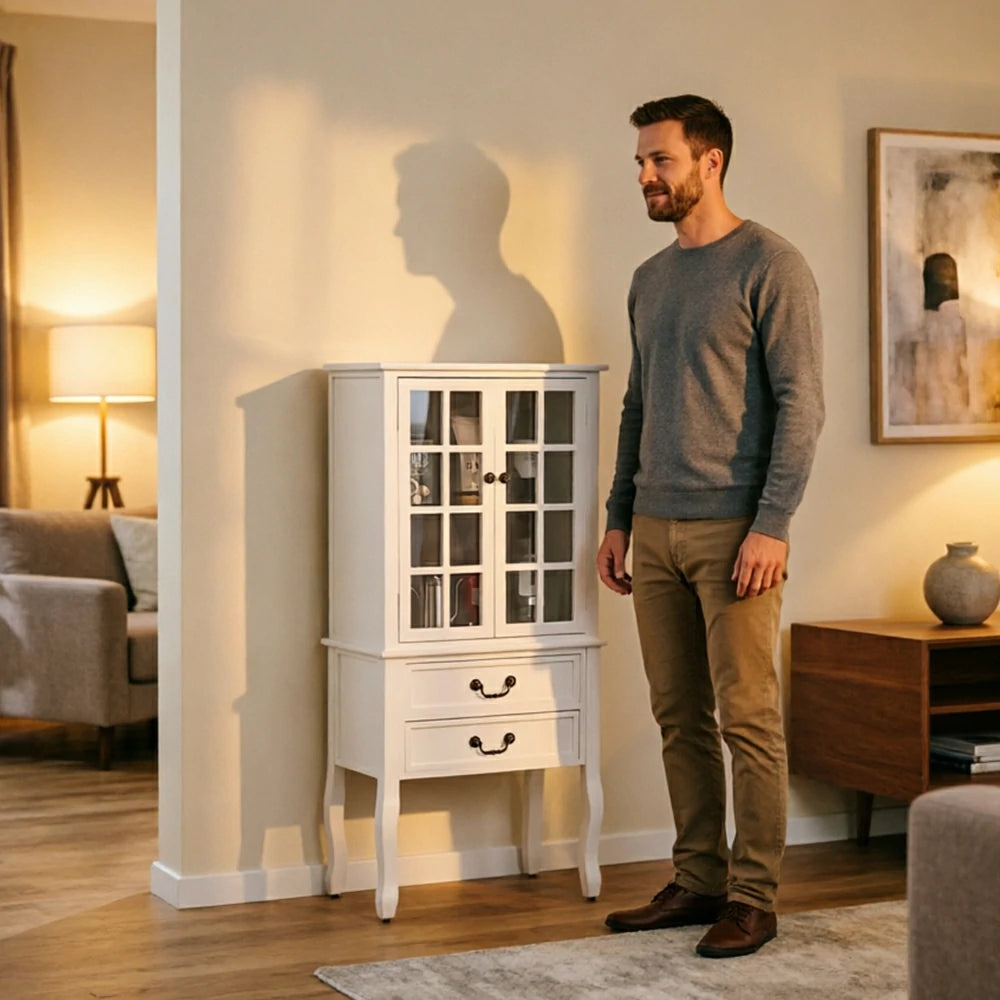 LIVARA Multi-Functional Wine Cabinet with Glass Double Doors and Two Drawers for Living Room Dining Entryway - White