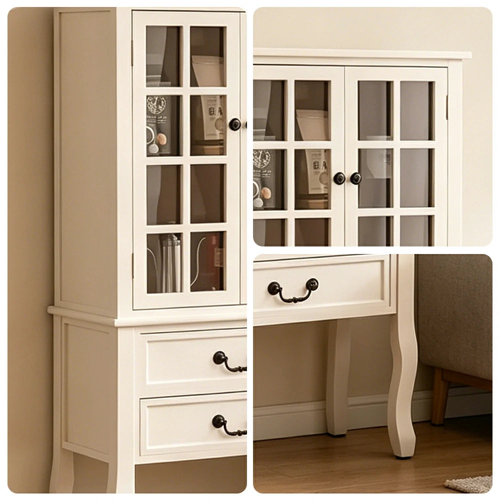 LIVARA Multi-Functional Wine Cabinet with Glass Double Doors and Two Drawers for Living Room Dining Entryway - White