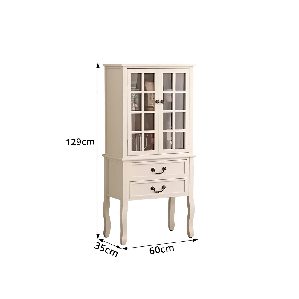 LIVARA Multi-Functional Wine Cabinet with Glass Double Doors and Two Drawers for Living Room Dining Entryway - White