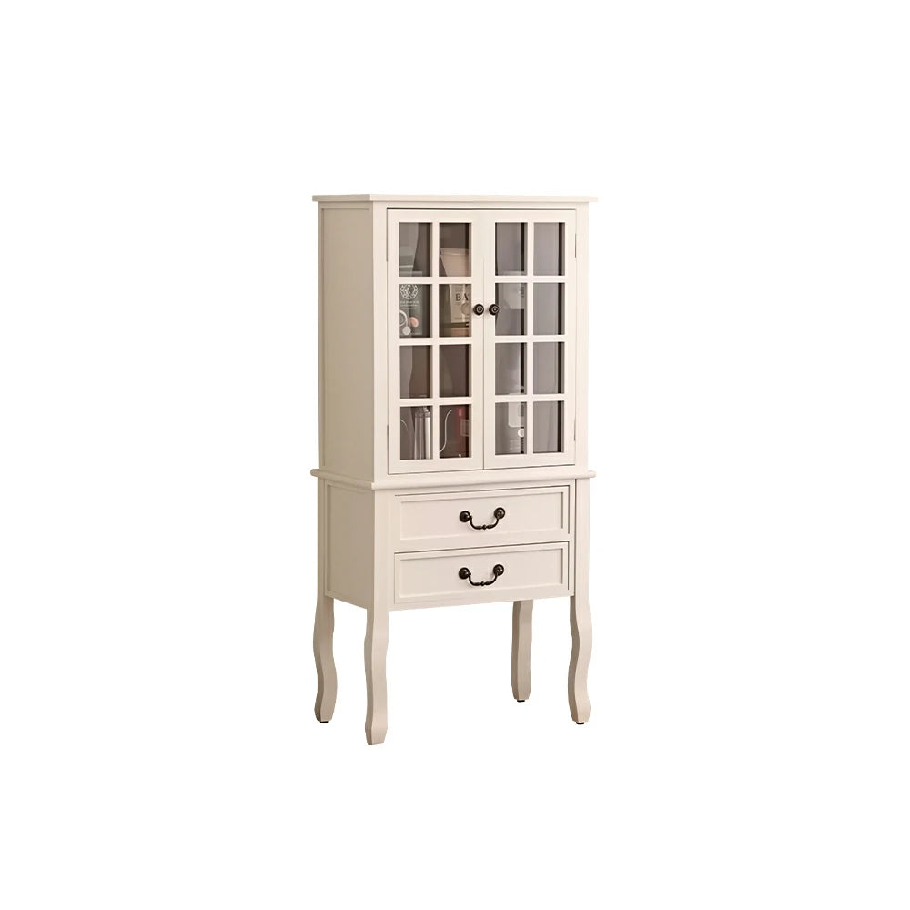 LIVARA Multi-Functional Wine Cabinet with Glass Double Doors and Two Drawers for Living Room Dining Entryway - White
