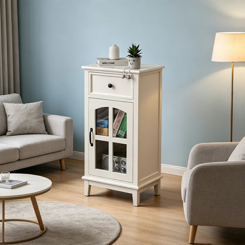 LIVARA Solid Wood Storage Side Cabinet with Clear Glass Door and Drawer for Living Room Dining Entryway - White