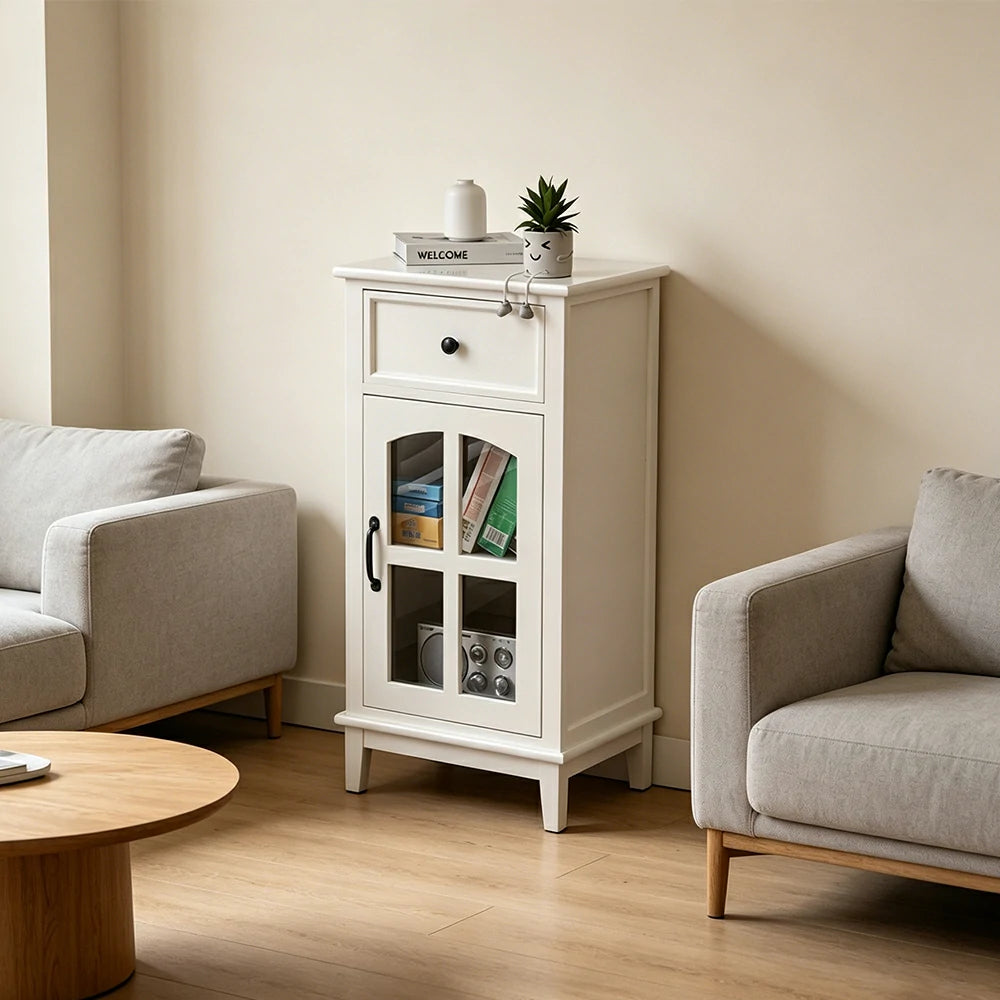 LIVARA Solid Wood Storage Side Cabinet with Clear Glass Door and Drawer for Living Room Dining Entryway - White
