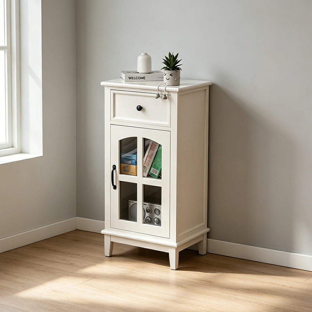 LIVARA Solid Wood Storage Side Cabinet with Clear Glass Door and Drawer for Living Room Dining Entryway - White