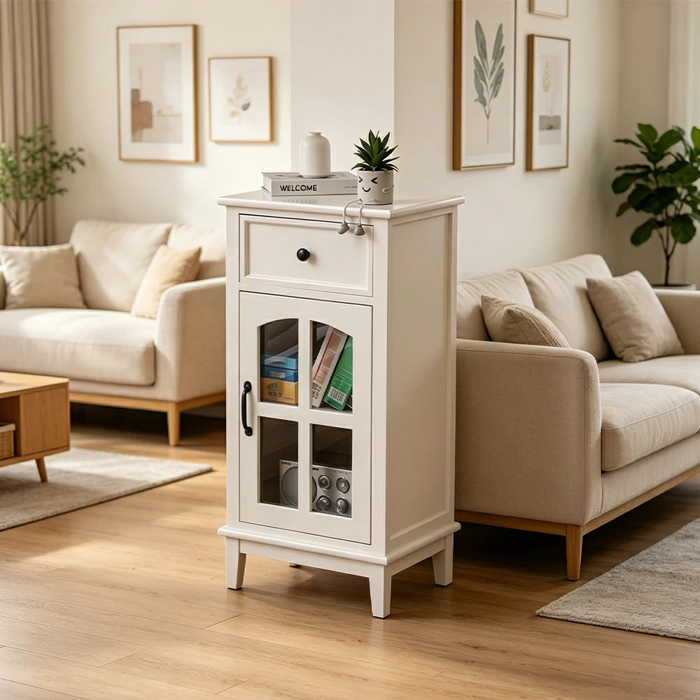 LIVARA Solid Wood Storage Side Cabinet with Clear Glass Door and Drawer for Living Room Dining Entryway - White