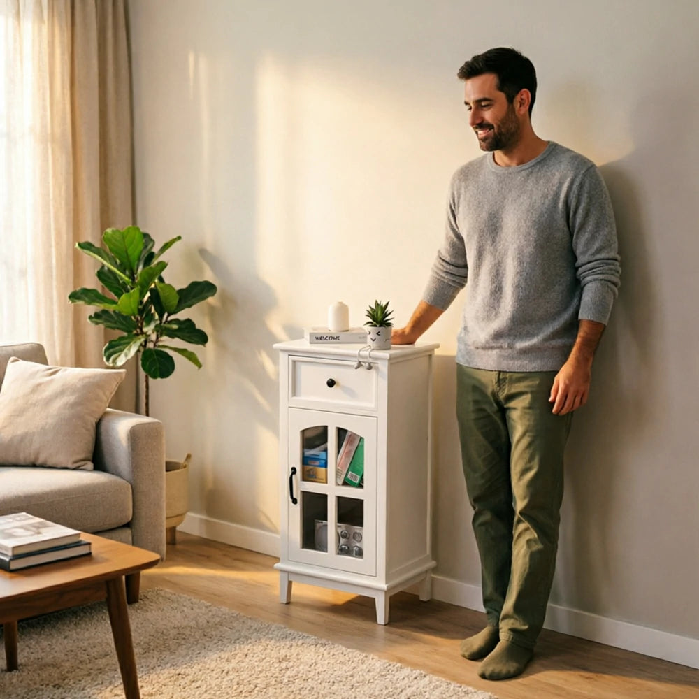 LIVARA Solid Wood Storage Side Cabinet with Clear Glass Door and Drawer for Living Room Dining Entryway - White