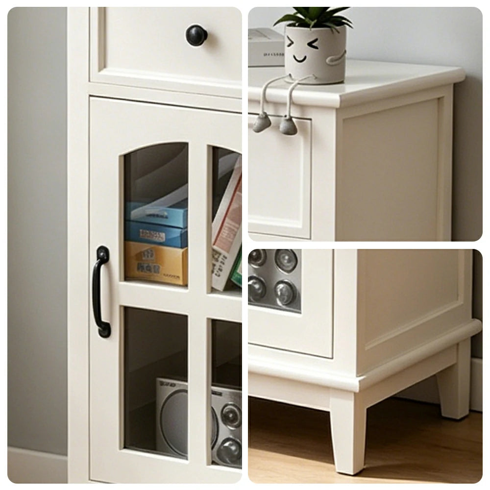 LIVARA Solid Wood Storage Side Cabinet with Clear Glass Door and Drawer for Living Room Dining Entryway - White