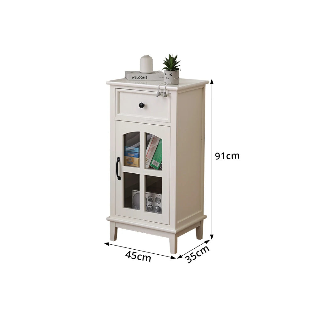 LIVARA Solid Wood Storage Side Cabinet with Clear Glass Door and Drawer for Living Room Dining Entryway - White