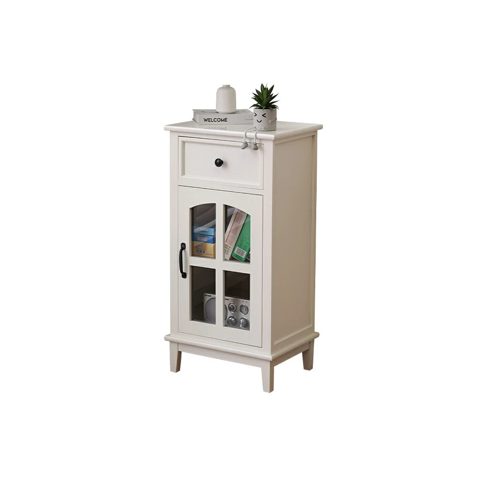LIVARA Solid Wood Storage Side Cabinet with Clear Glass Door and Drawer for Living Room Dining Entryway - White