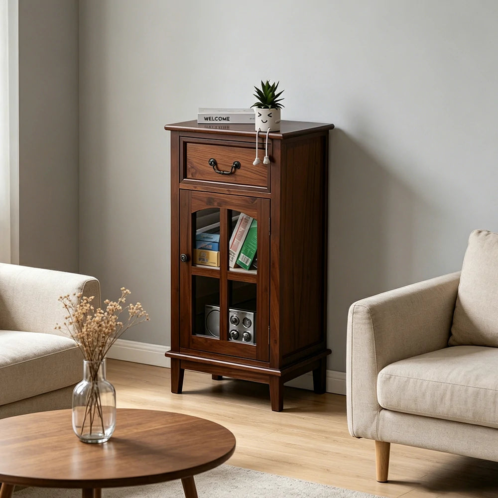 LIVARA Solid Wood Storage Side Cabinet with Clear Glass Door and Drawer for Living Room Dining Entryway - Walnut