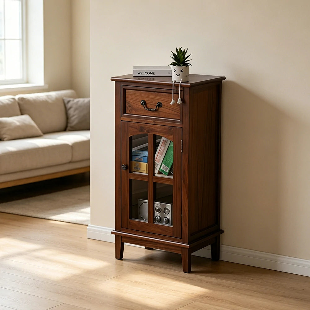LIVARA Solid Wood Storage Side Cabinet with Clear Glass Door and Drawer for Living Room Dining Entryway - Walnut