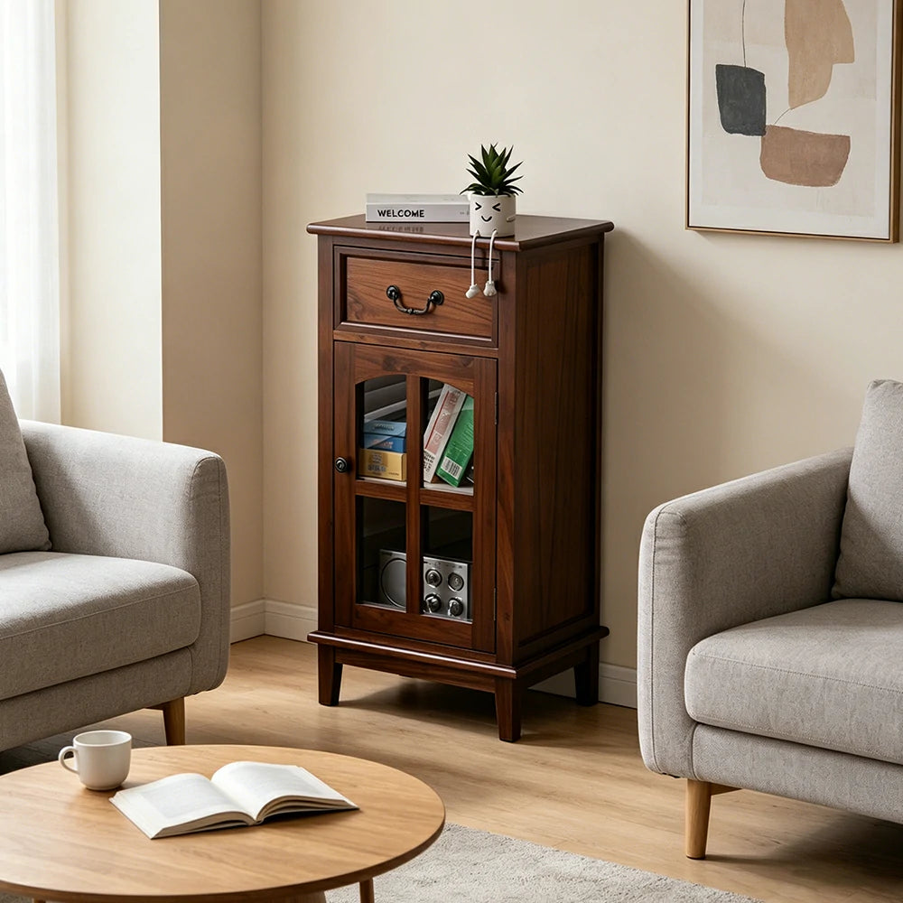 LIVARA Solid Wood Storage Side Cabinet with Clear Glass Door and Drawer for Living Room Dining Entryway - Walnut