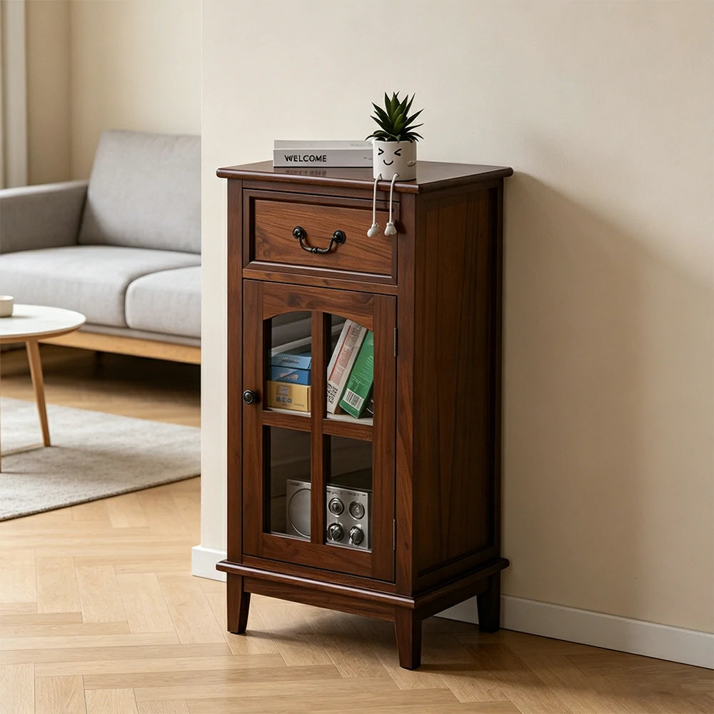 LIVARA Solid Wood Storage Side Cabinet with Clear Glass Door and Drawer for Living Room Dining Entryway - Walnut