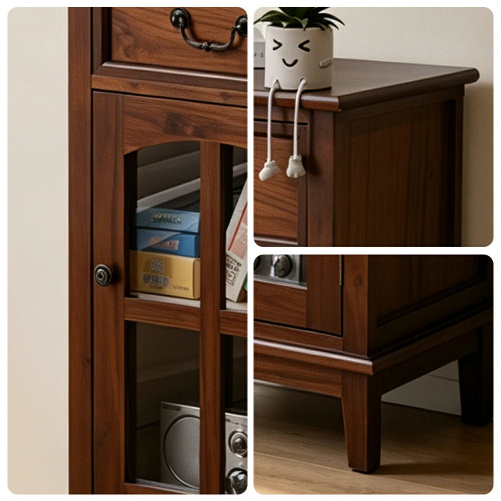 LIVARA Solid Wood Storage Side Cabinet with Clear Glass Door and Drawer for Living Room Dining Entryway - Walnut