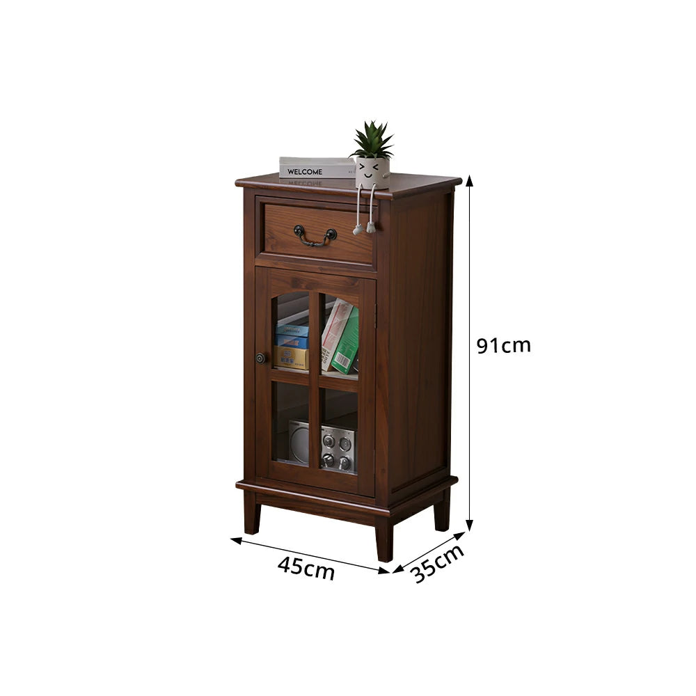 LIVARA Solid Wood Storage Side Cabinet with Clear Glass Door and Drawer for Living Room Dining Entryway - Walnut