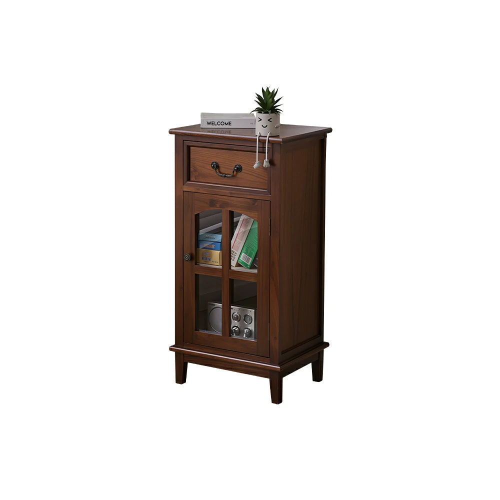 LIVARA Solid Wood Storage Side Cabinet with Clear Glass Door and Drawer for Living Room Dining Entryway - Walnut