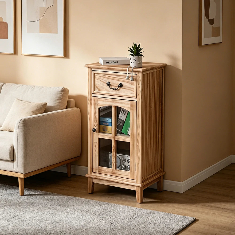 LIVARA Solid Wood Storage Side Cabinet with Clear Glass Door and Drawer for Living Room Dining Entryway - Wood