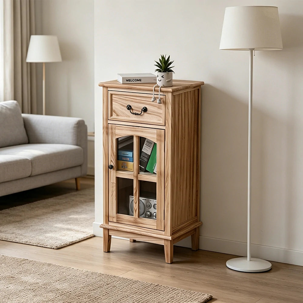 LIVARA Solid Wood Storage Side Cabinet with Clear Glass Door and Drawer for Living Room Dining Entryway - Wood
