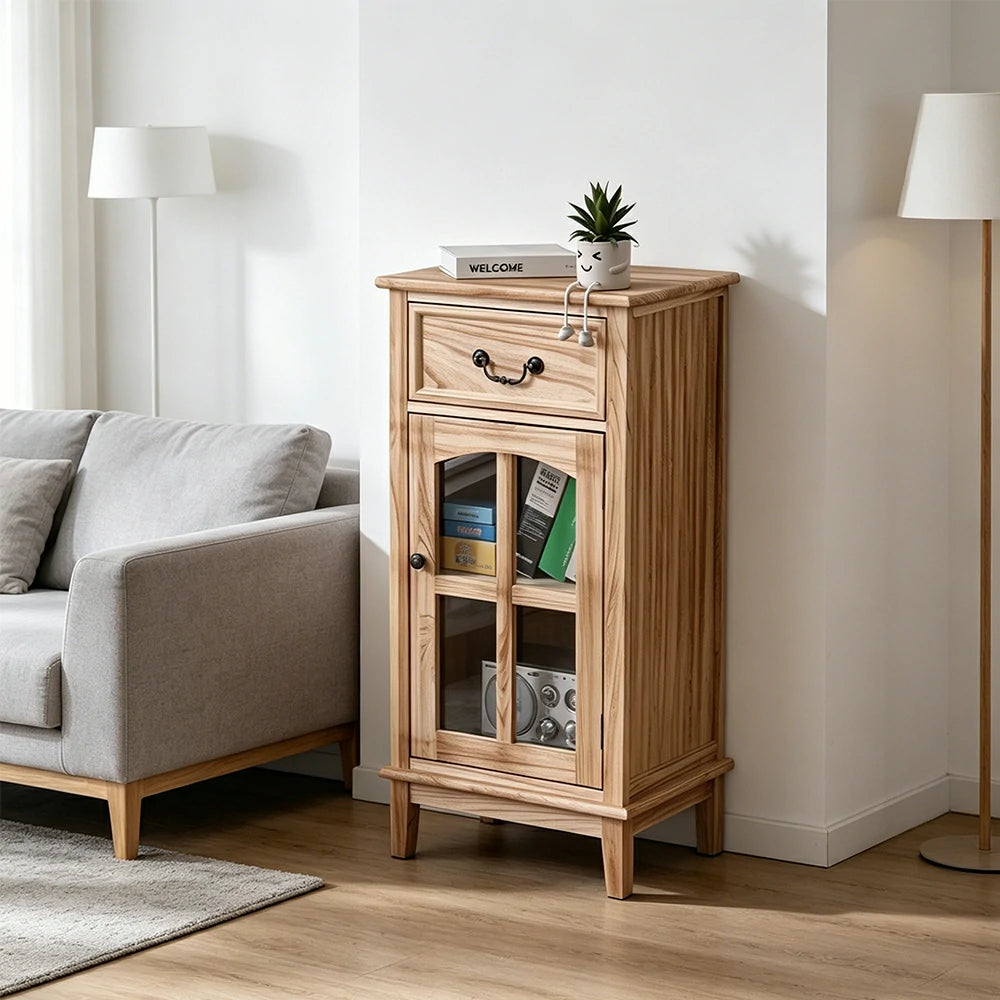 LIVARA Solid Wood Storage Side Cabinet with Clear Glass Door and Drawer for Living Room Dining Entryway - Wood