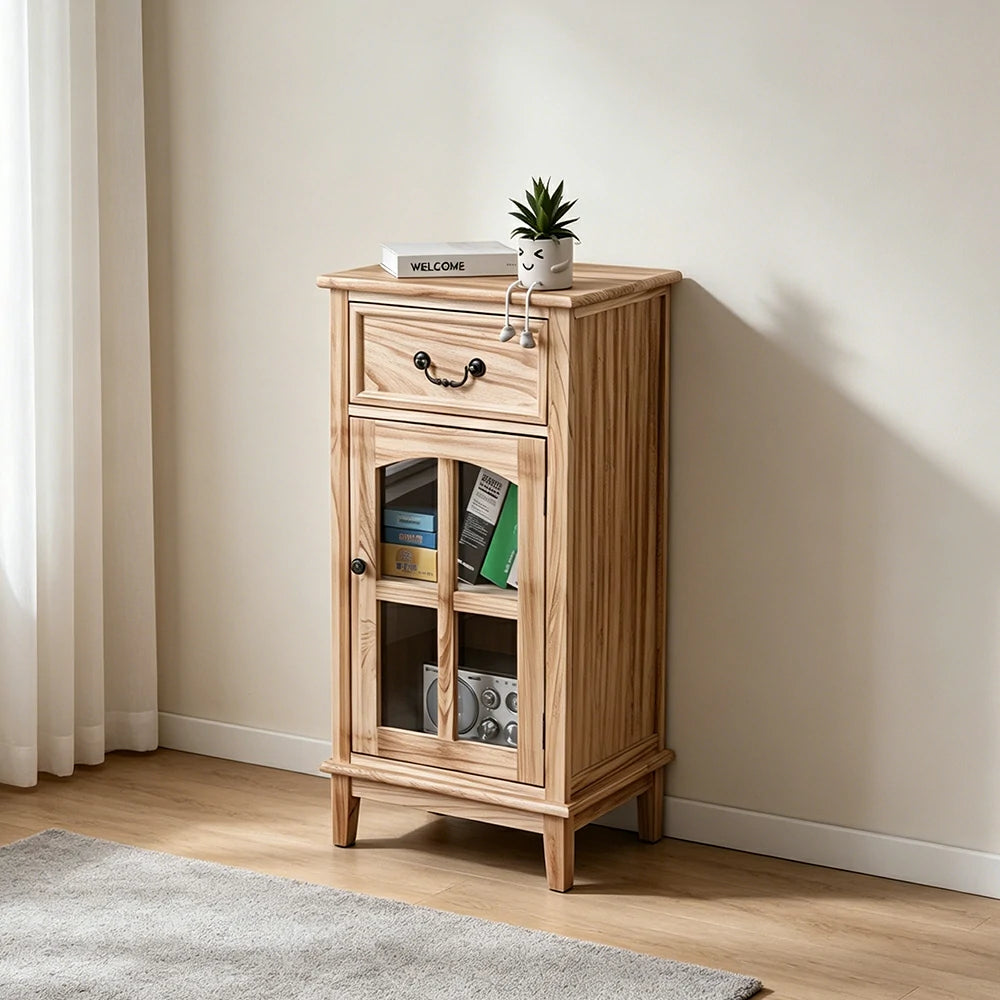 LIVARA Solid Wood Storage Side Cabinet with Clear Glass Door and Drawer for Living Room Dining Entryway - Wood