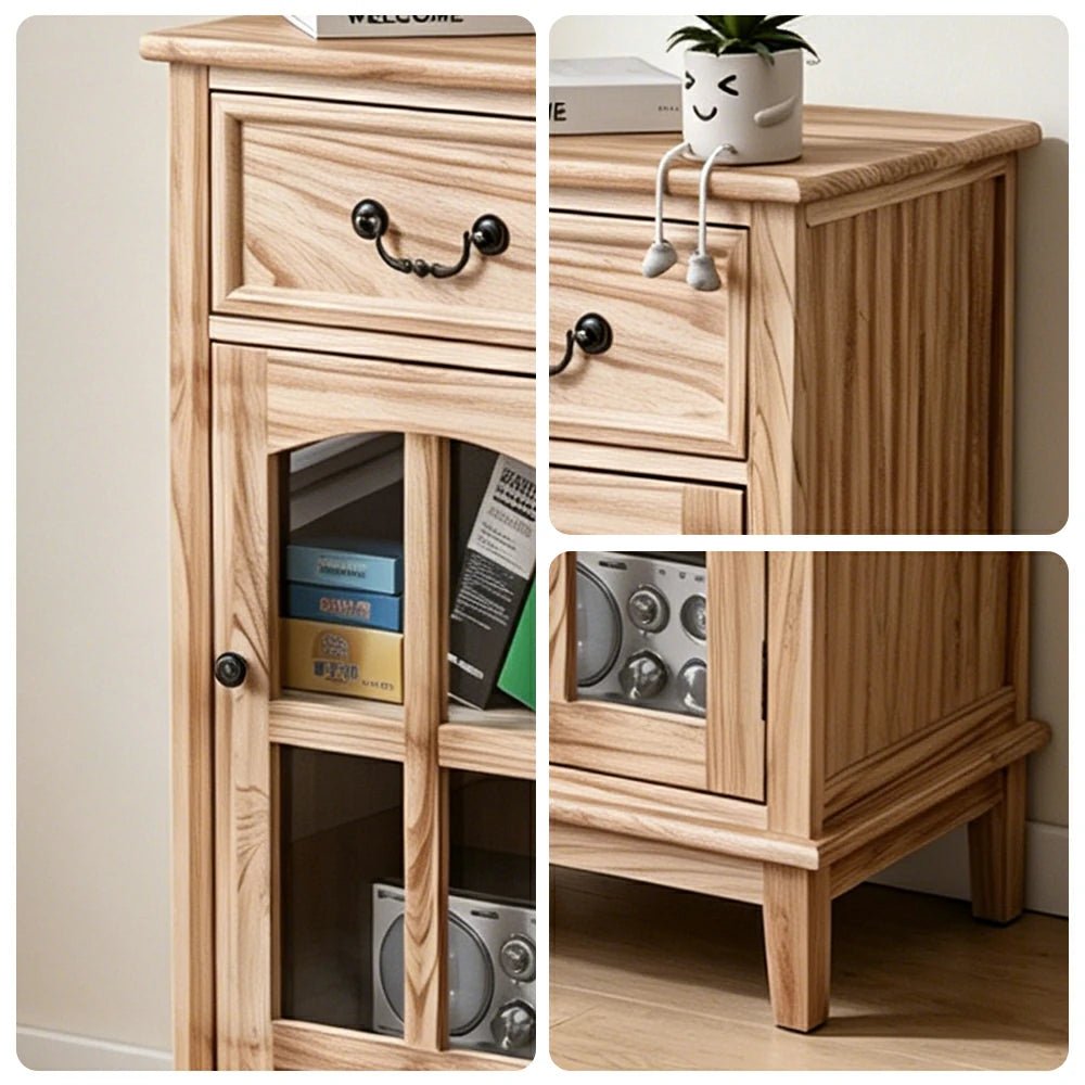 LIVARA Solid Wood Storage Side Cabinet with Clear Glass Door and Drawer for Living Room Dining Entryway - Wood
