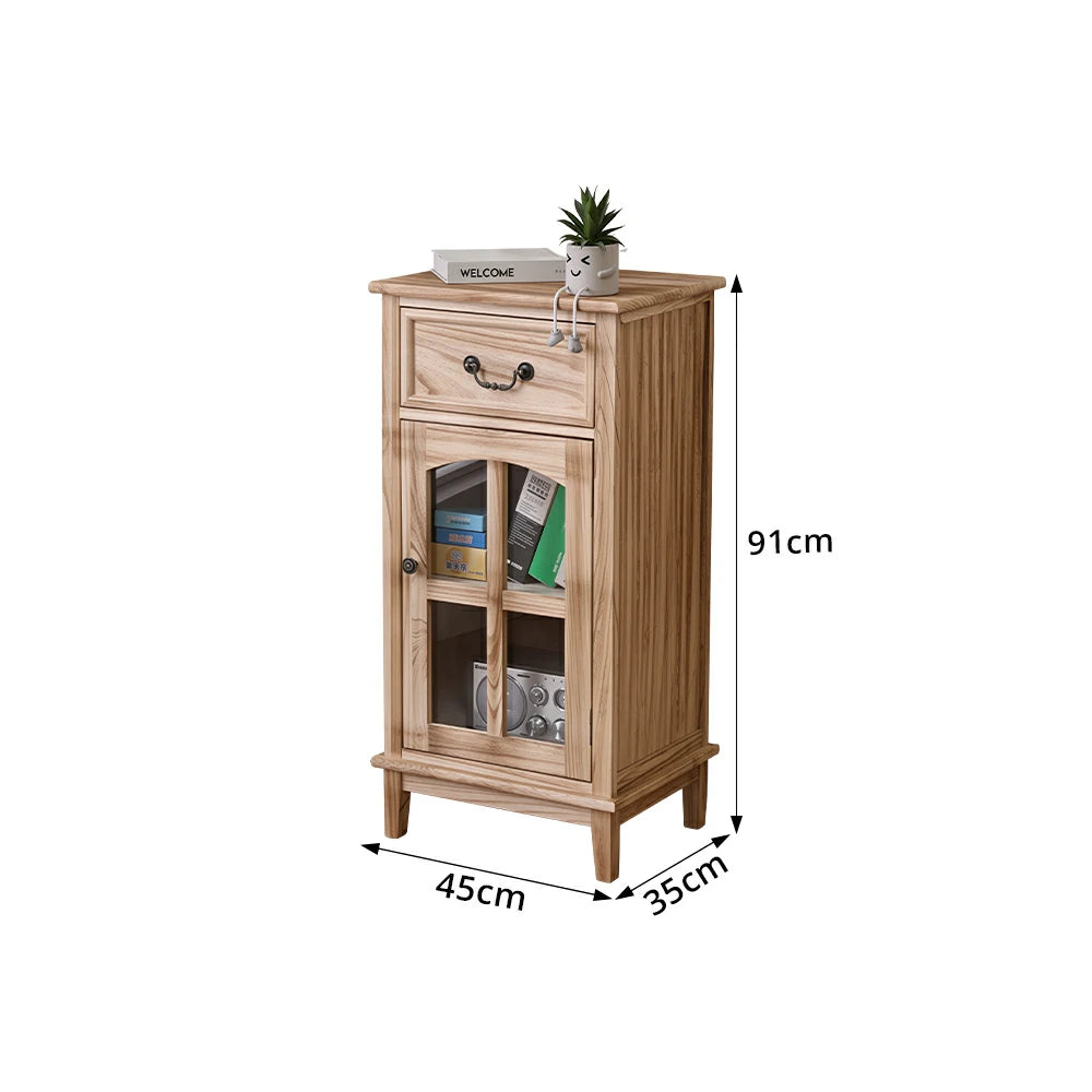 LIVARA Solid Wood Storage Side Cabinet with Clear Glass Door and Drawer for Living Room Dining Entryway - Wood
