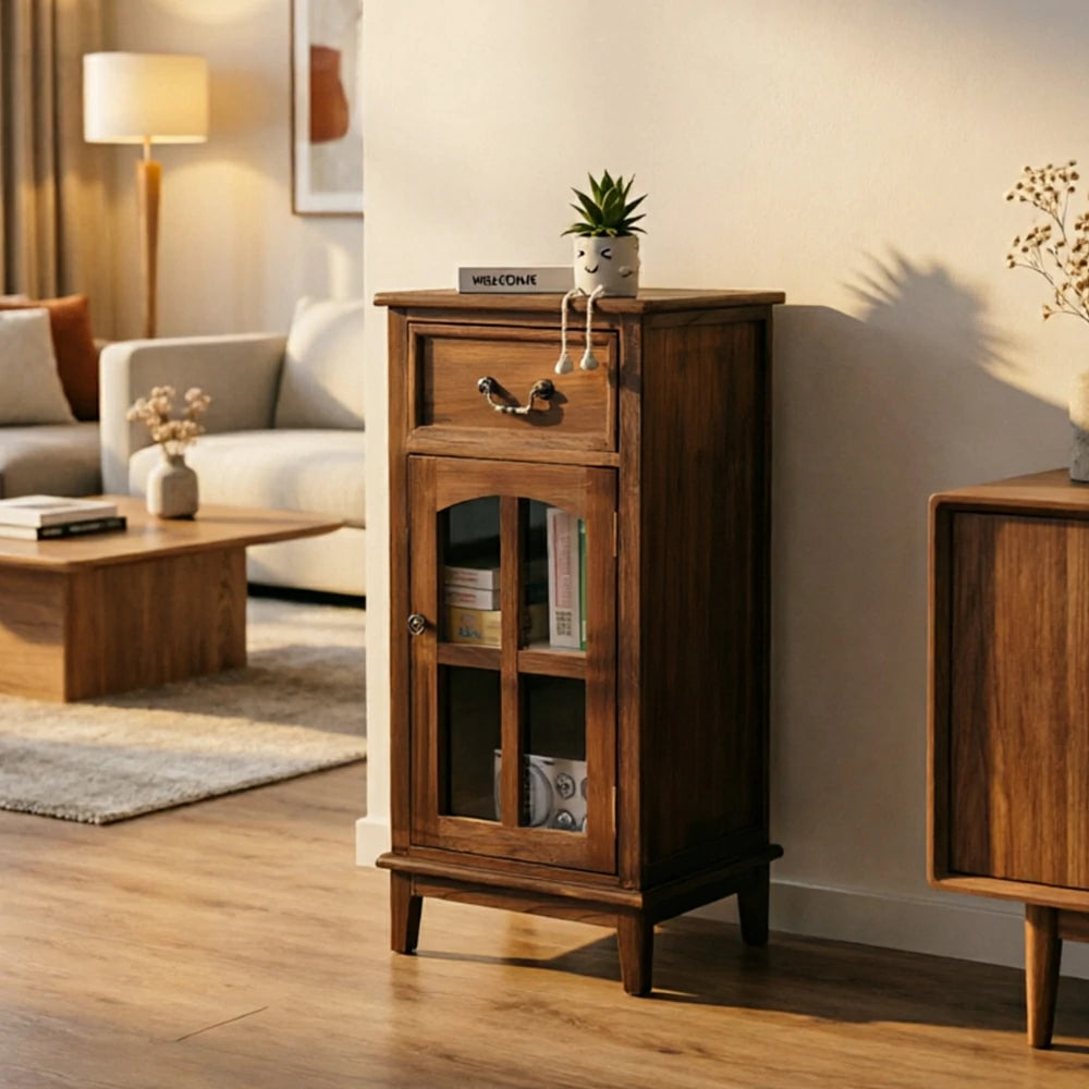 LIVARA Solid Wood Storage Side Cabinet with Clear Glass Door and Drawer for Living Room Dining Entryway - Brown