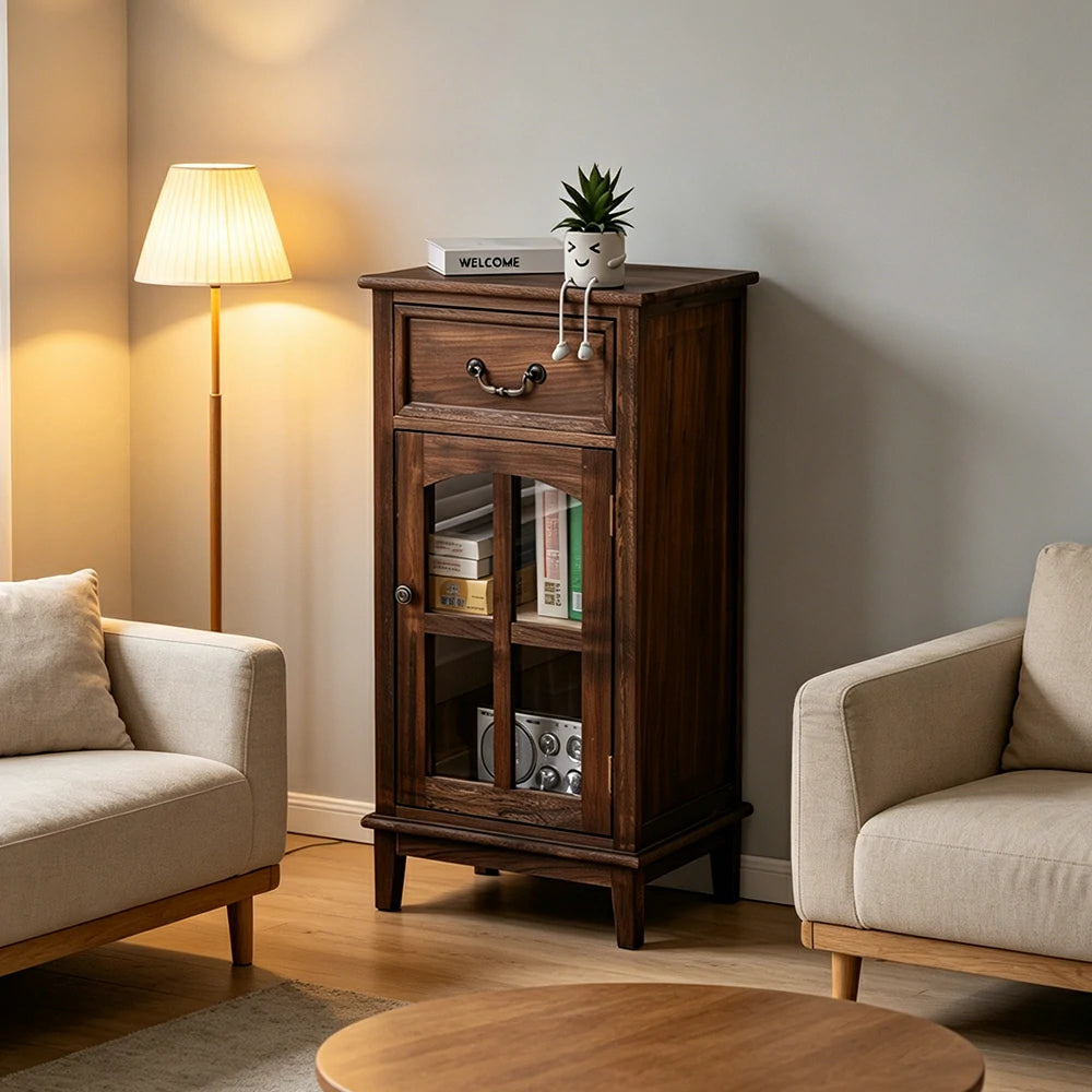 LIVARA Solid Wood Storage Side Cabinet with Clear Glass Door and Drawer for Living Room Dining Entryway - Brown