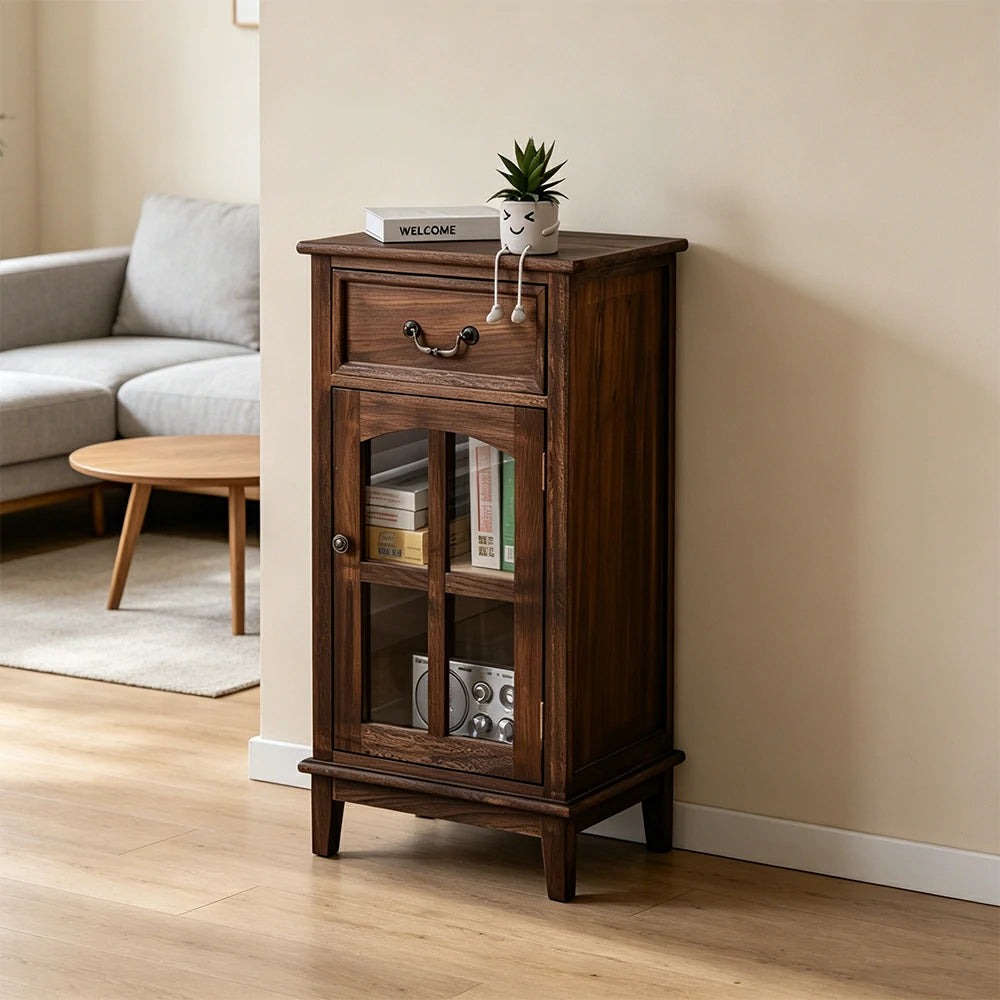 LIVARA Solid Wood Storage Side Cabinet with Clear Glass Door and Drawer for Living Room Dining Entryway - Brown