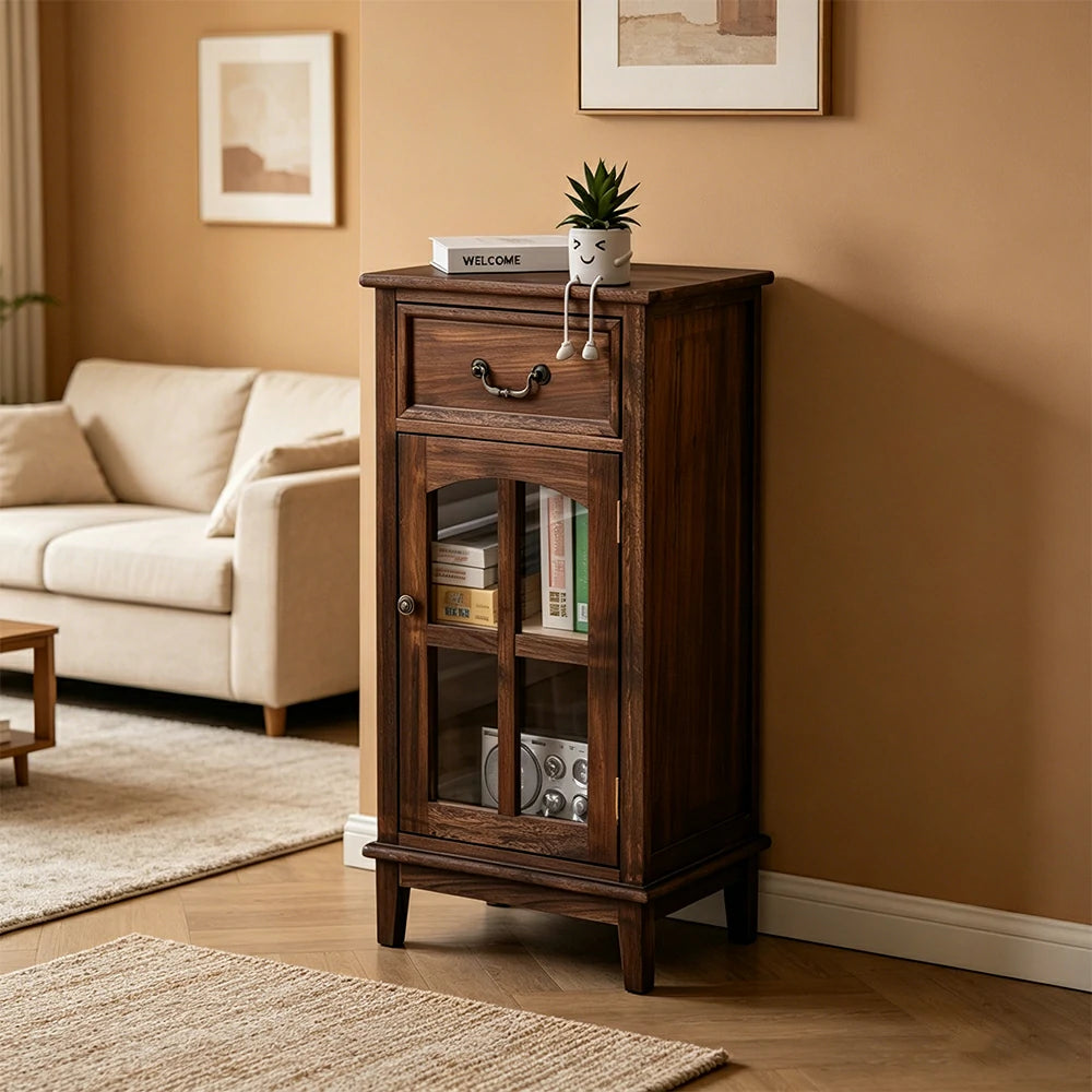 LIVARA Solid Wood Storage Side Cabinet with Clear Glass Door and Drawer for Living Room Dining Entryway - Brown