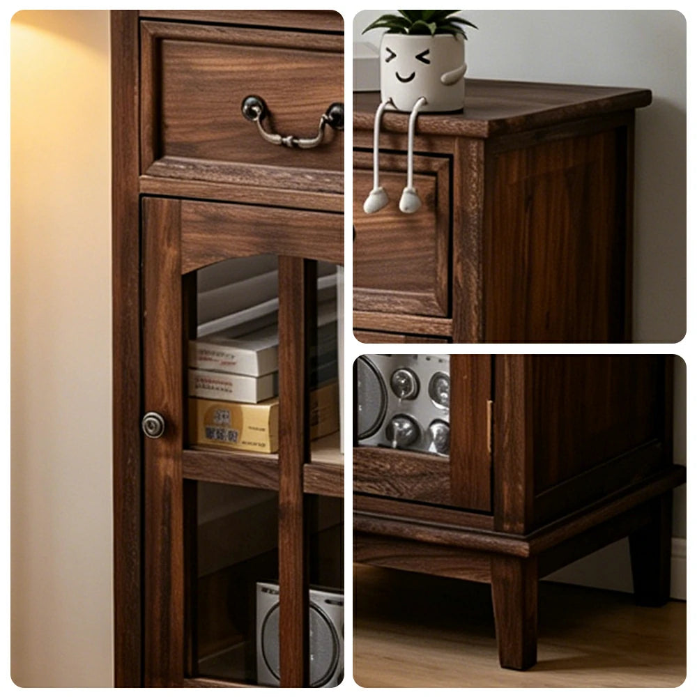 LIVARA Solid Wood Storage Side Cabinet with Clear Glass Door and Drawer for Living Room Dining Entryway - Brown