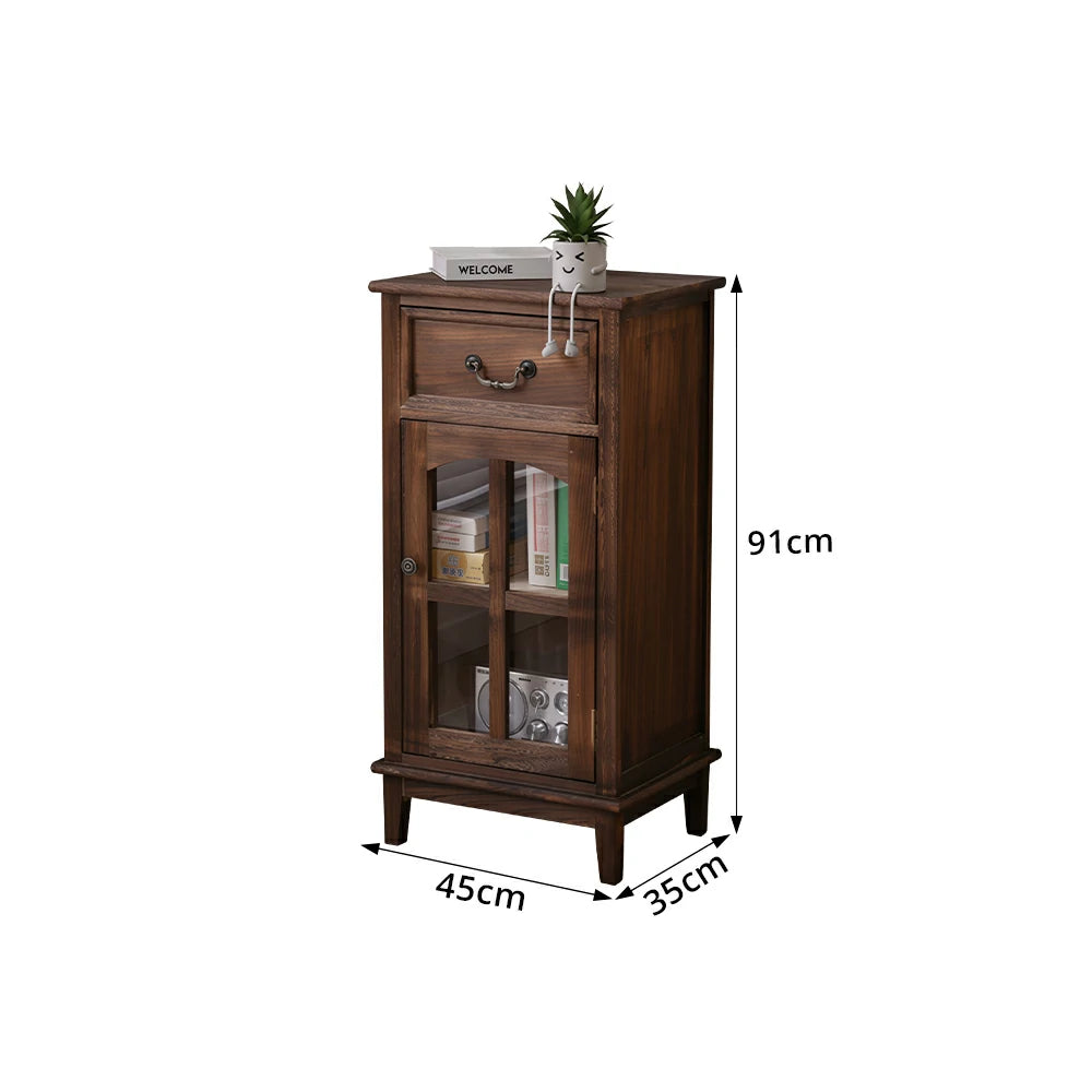 LIVARA Solid Wood Storage Side Cabinet with Clear Glass Door and Drawer for Living Room Dining Entryway - Brown