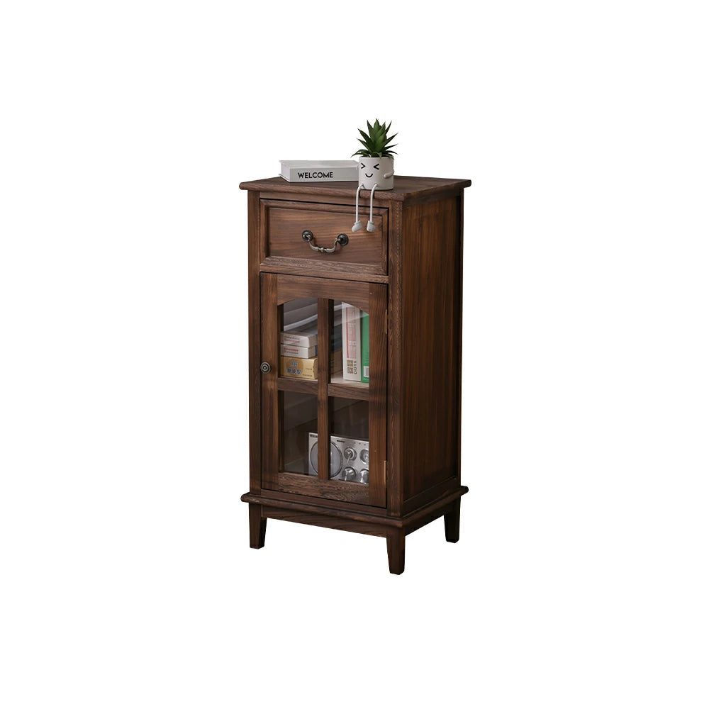 LIVARA Solid Wood Storage Side Cabinet with Clear Glass Door and Drawer for Living Room Dining Entryway - Brown