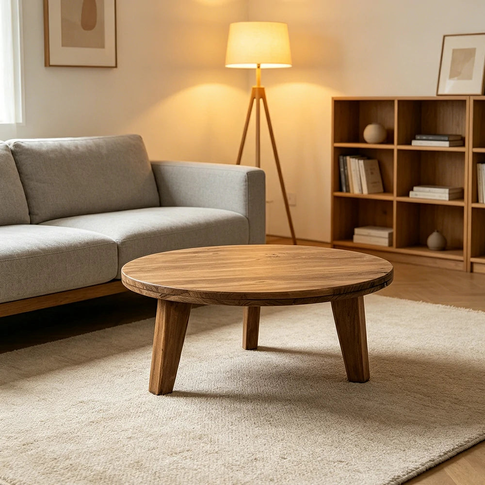 LIVARA Round Solid Wood Coffee Table Natural Pine Finish Sturdy Geometric Base for Living Room