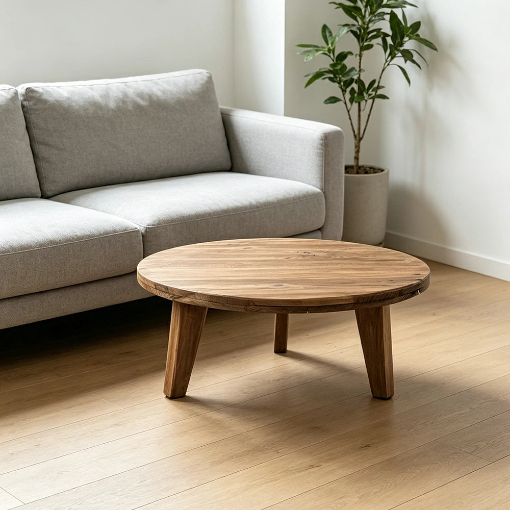 LIVARA Round Solid Wood Coffee Table Natural Pine Finish Sturdy Geometric Base for Living Room